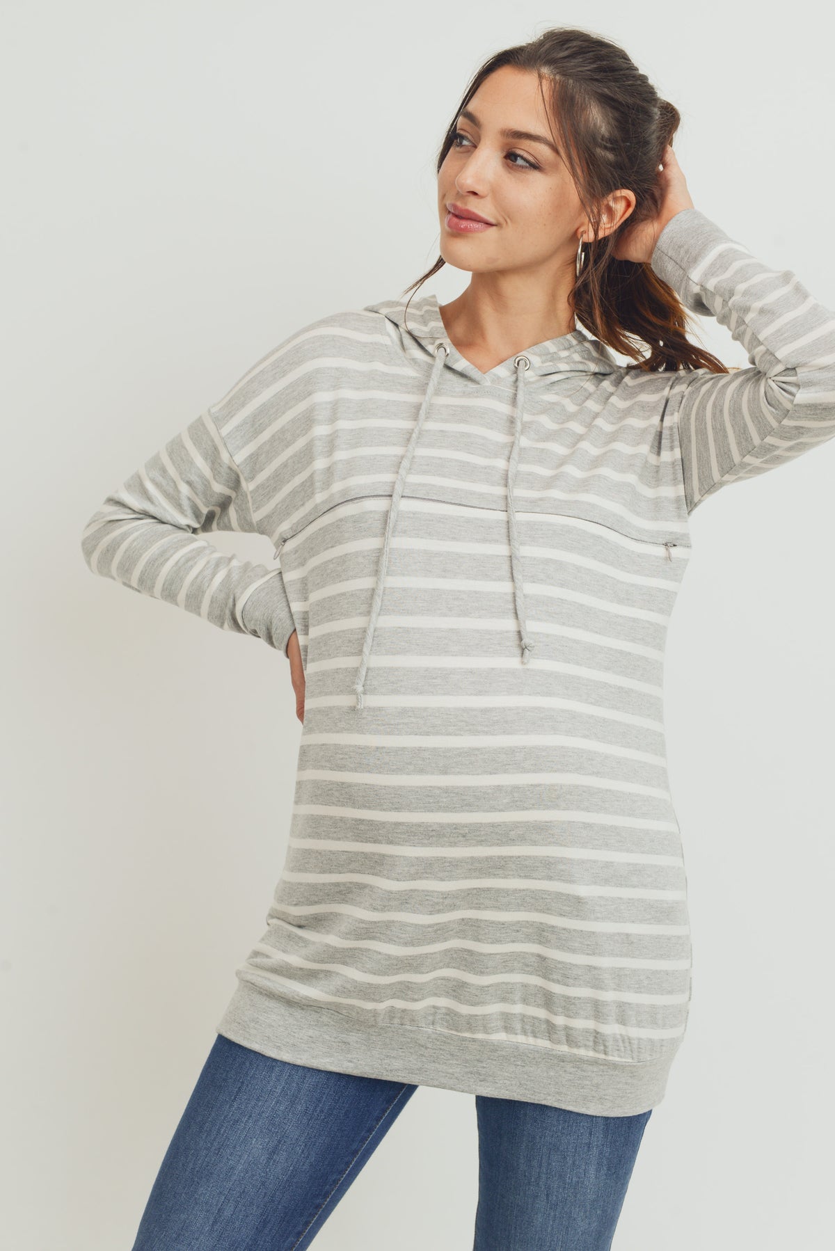 Grey/Ivory Rayon French Terry Stripped Maternity/ Nursing Hoodie