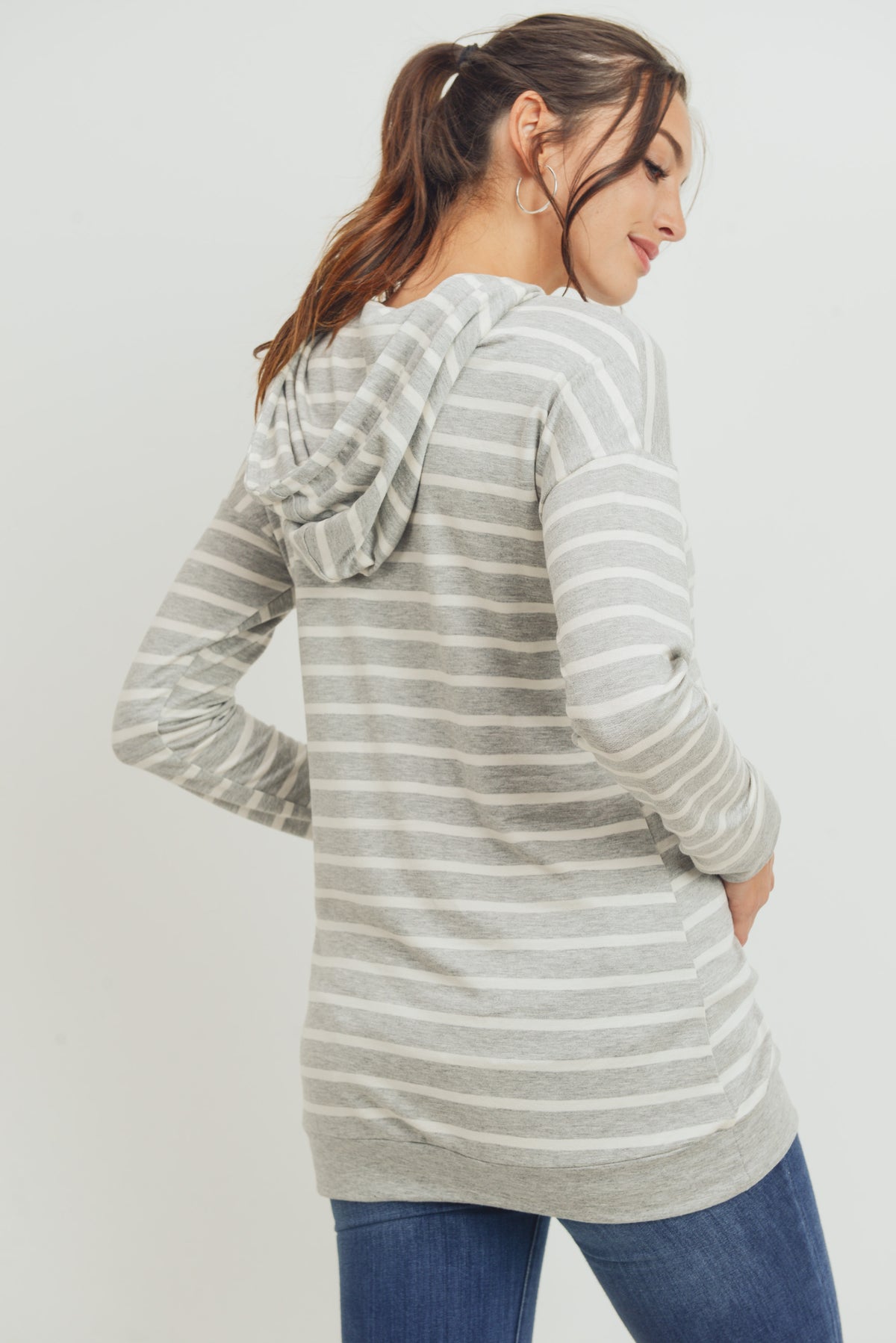 Grey/Ivory Rayon French Terry Stripped Maternity/ Nursing Hoodie