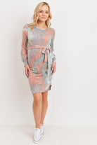 Jade/Coral Tie-Dye French Terry Waist Tie Maternity Dress