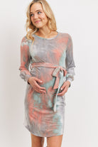 Jade/Coral Tie-Dye French Terry Waist Tie Maternity Dress