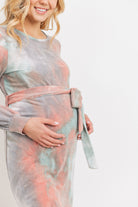 Jade/Coral Tie-Dye French Terry Waist Tie Maternity Dress