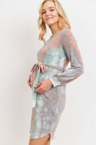 Jade/Coral Tie-Dye French Terry Waist Tie Maternity Dress