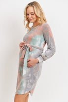 Jade/Coral Tie-Dye French Terry Waist Tie Maternity Dress