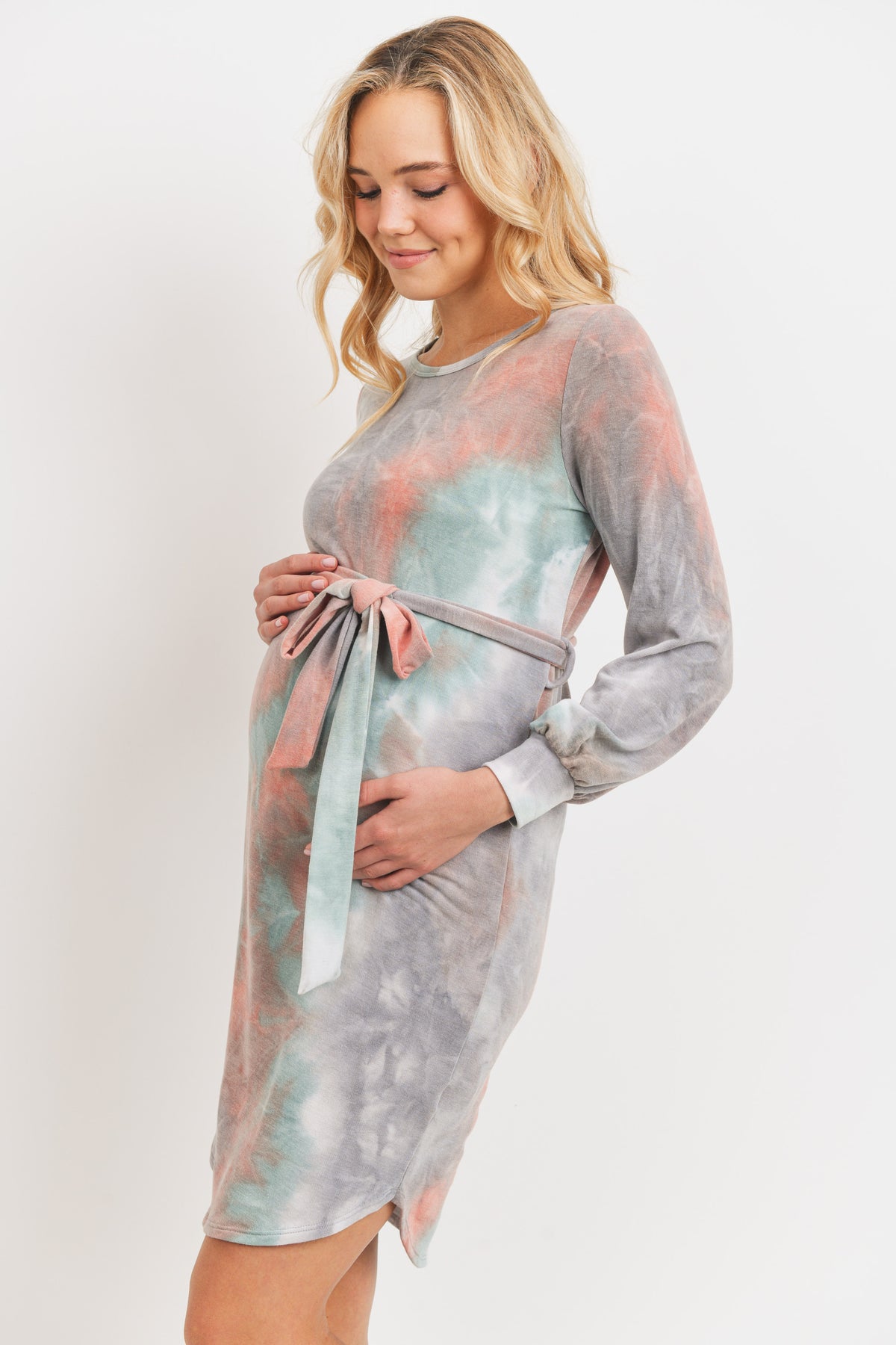 Jade/Coral Tie-Dye French Terry Waist Tie Maternity Dress