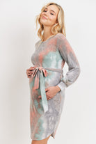 Jade/Coral Tie-Dye French Terry Waist Tie Maternity Dress