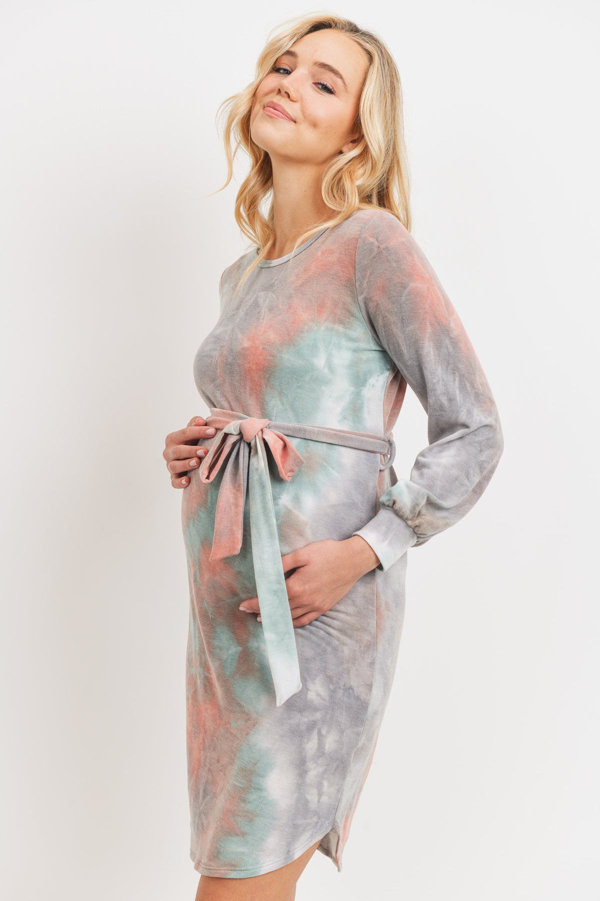 Jade/Coral Tie-Dye French Terry Waist Tie Maternity Dress