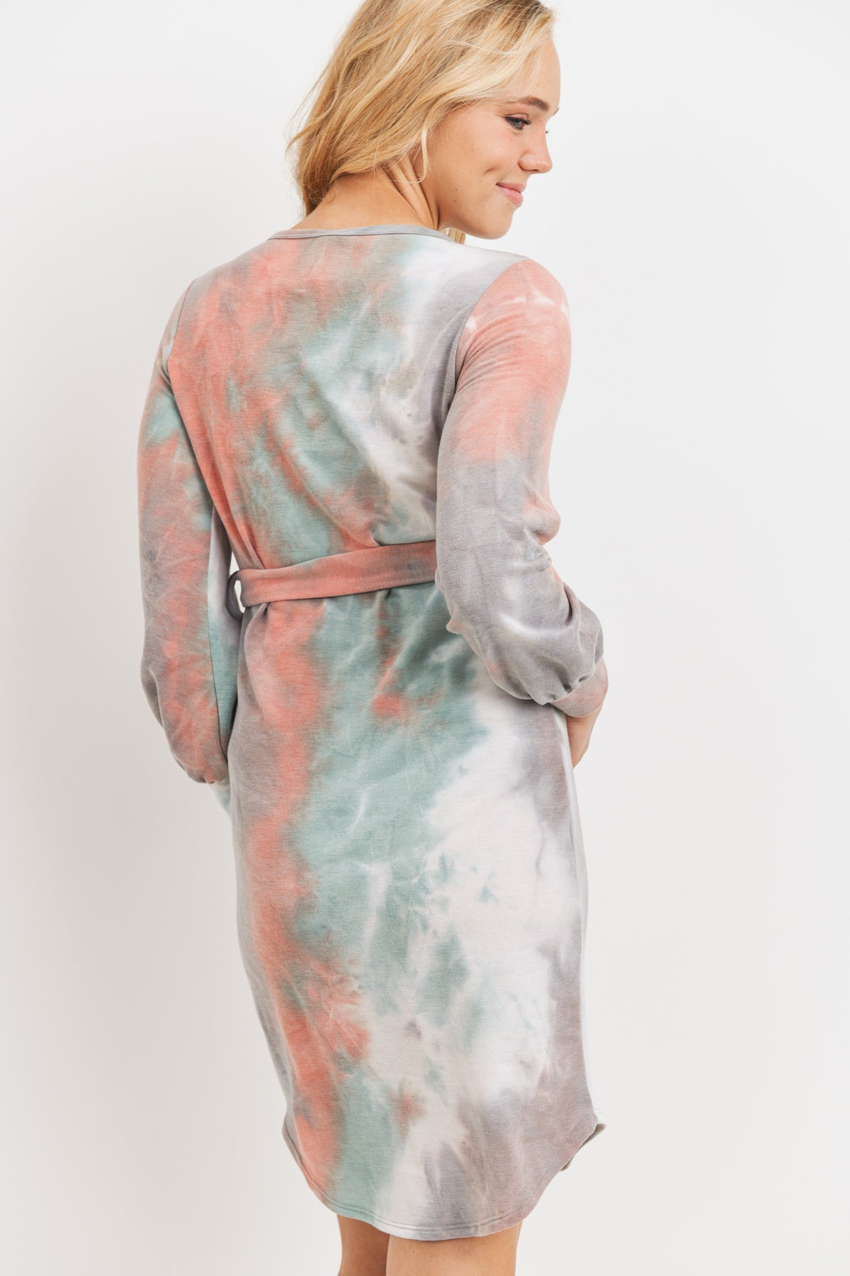 Jade/Coral Tie-Dye French Terry Waist Tie Maternity Dress