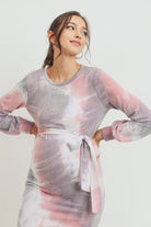Purple/Pink Tie-Dye French Terry Waist Tie Maternity Dress