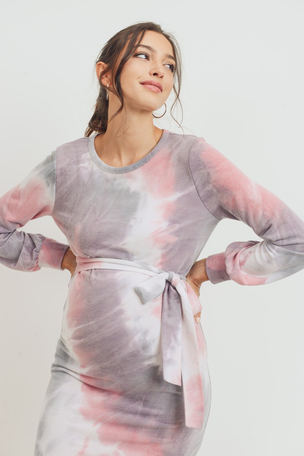 Purple/Pink Tie-Dye French Terry Waist Tie Maternity Dress