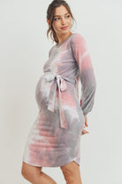Purple/Pink Tie-Dye French Terry Waist Tie Maternity Dress