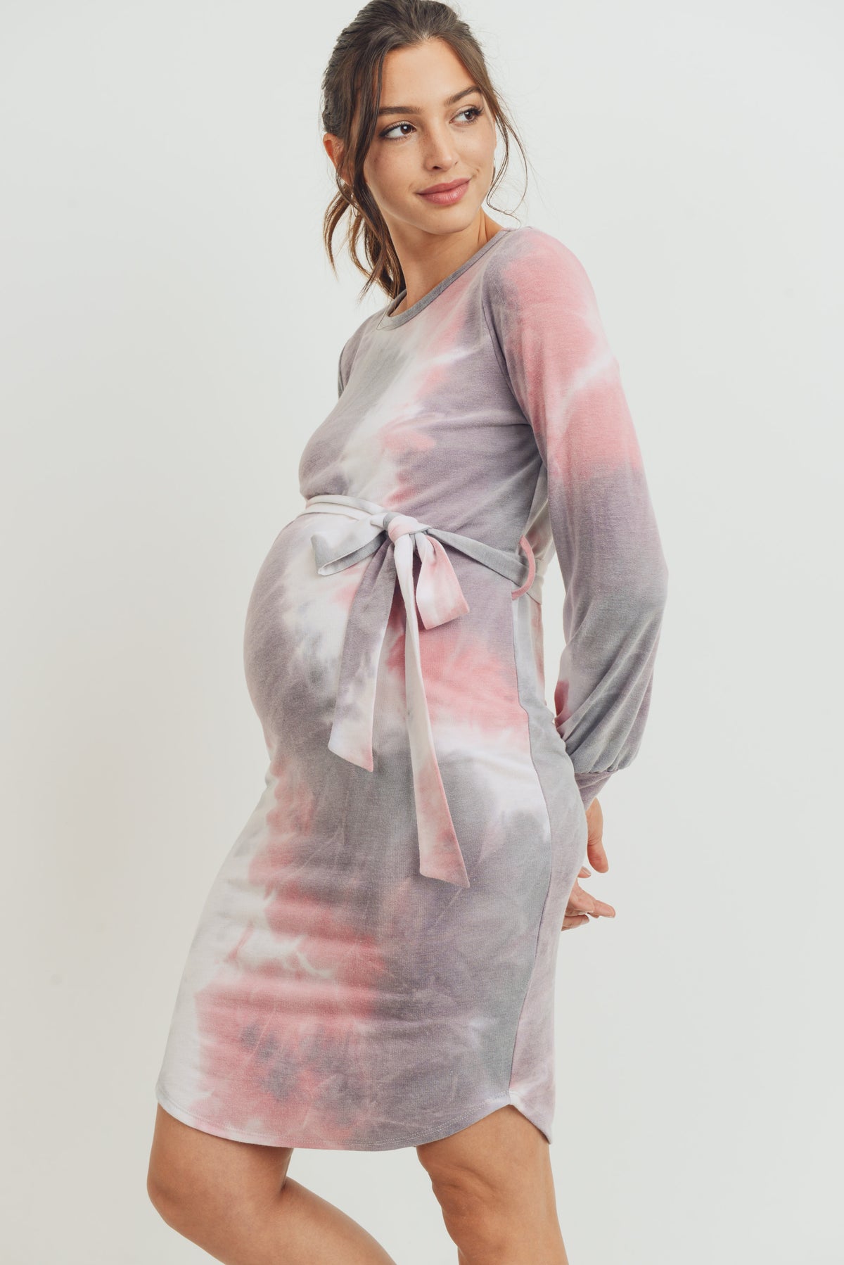 Purple/Pink Tie-Dye French Terry Waist Tie Maternity Dress