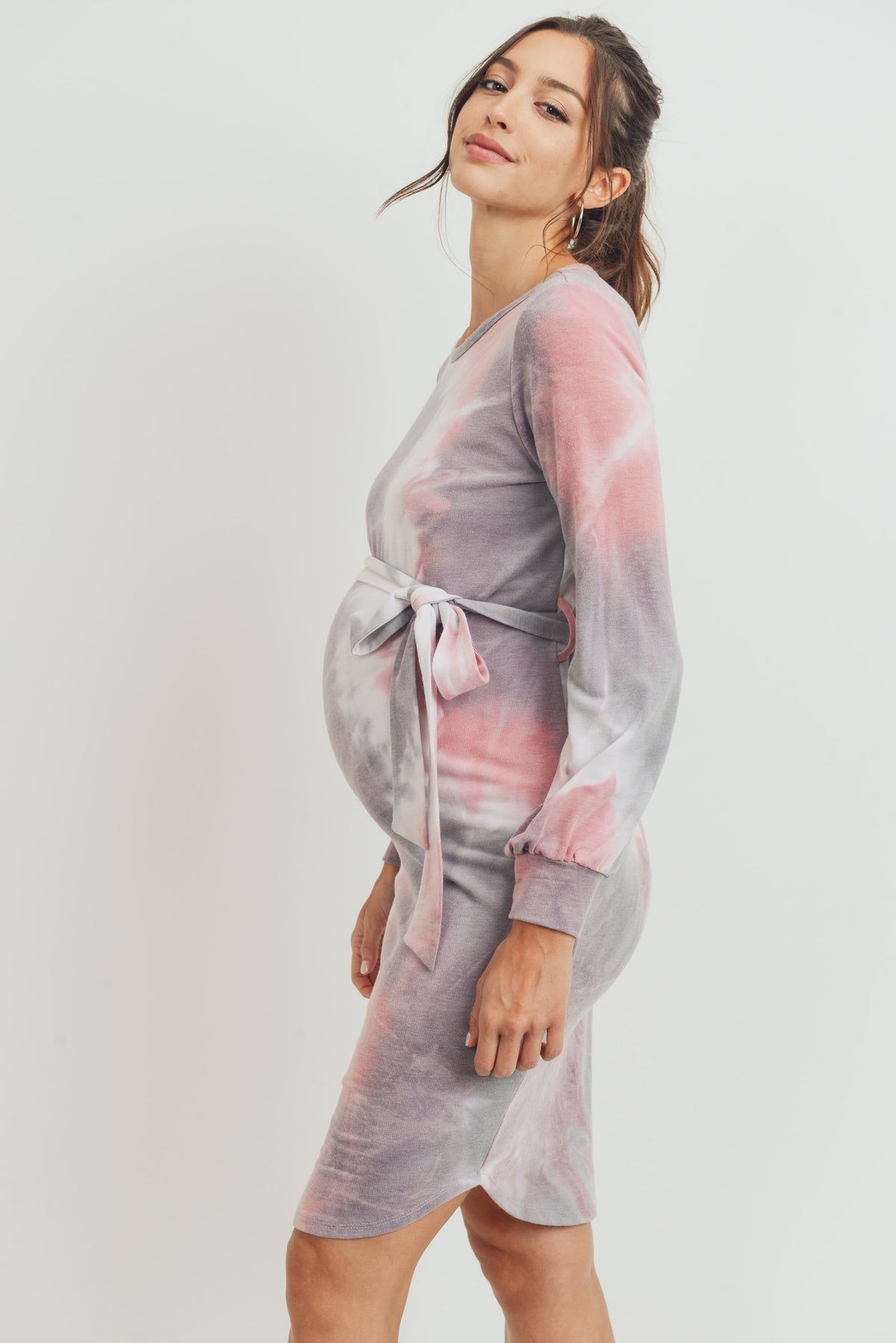 Purple/Pink Tie-Dye French Terry Waist Tie Maternity Dress