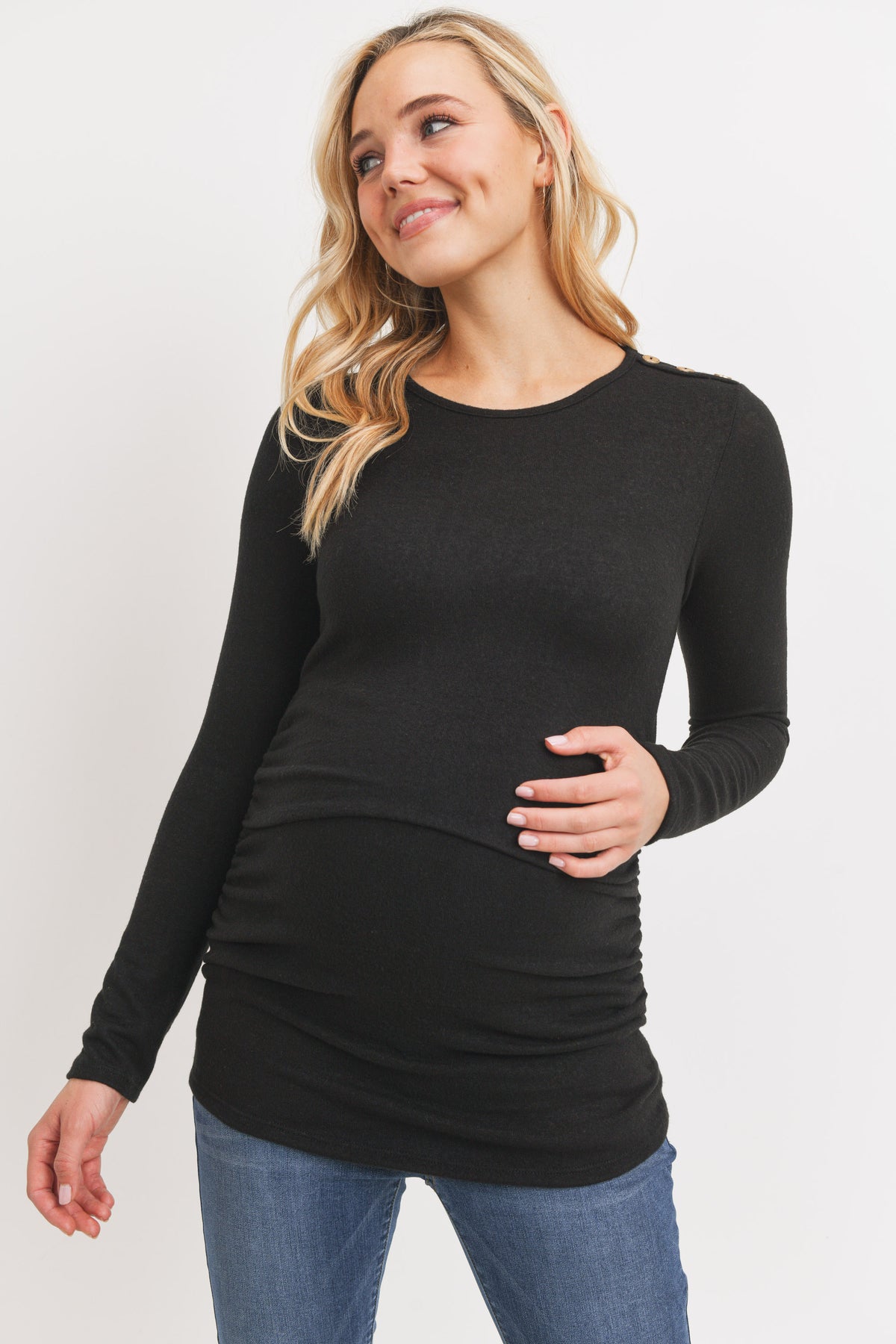 Black Brushed Rayon Hacci Maternity Shoulder Button Detail Top