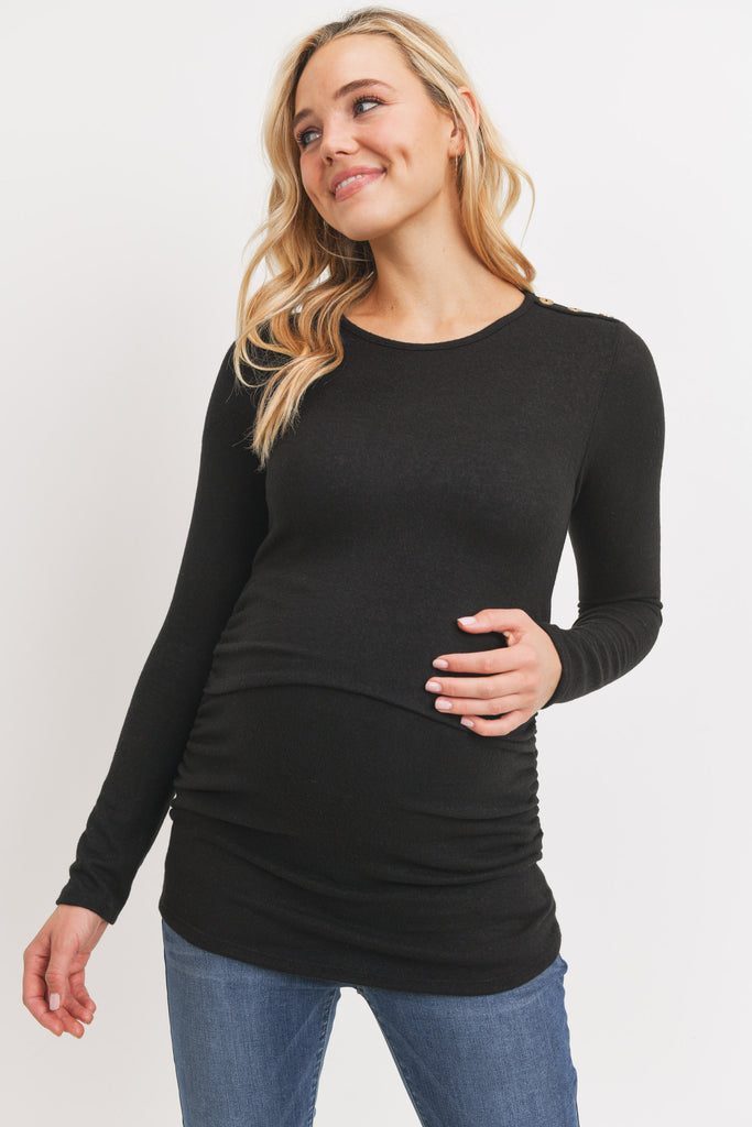 Black Brushed Rayon Hacci Maternity Shoulder Button Detail Top