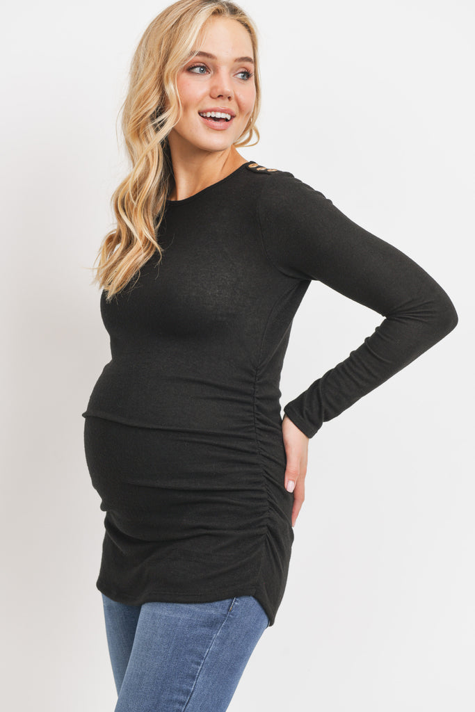 Black Brushed Rayon Hacci Maternity Shoulder Button Detail Top