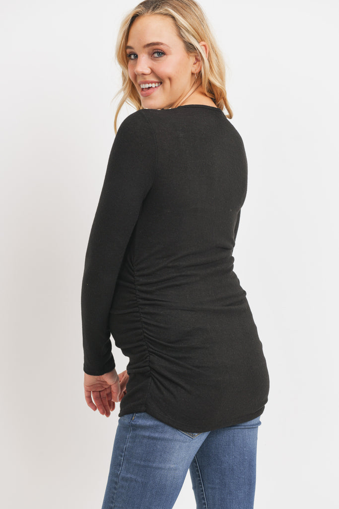 Black Brushed Rayon Hacci Maternity Shoulder Button Detail Top