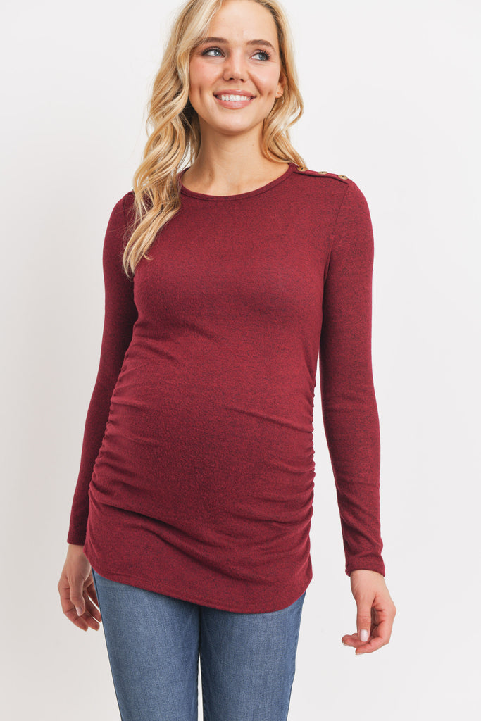Burgundy Brushed Rayon Hacci Maternity Shoulder Button Detail Top