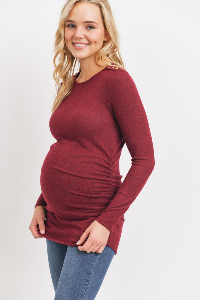 Burgundy Brushed Rayon Hacci Maternity Shoulder Button Detail Top