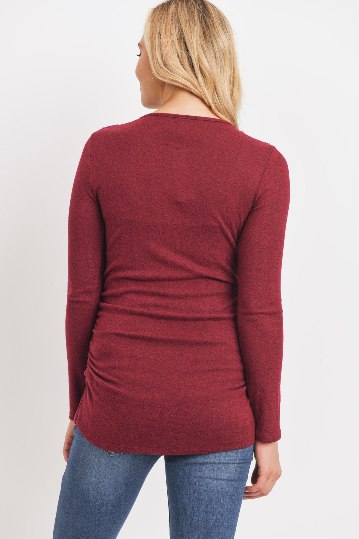 Burgundy Brushed Rayon Hacci Maternity Shoulder Button Detail Top