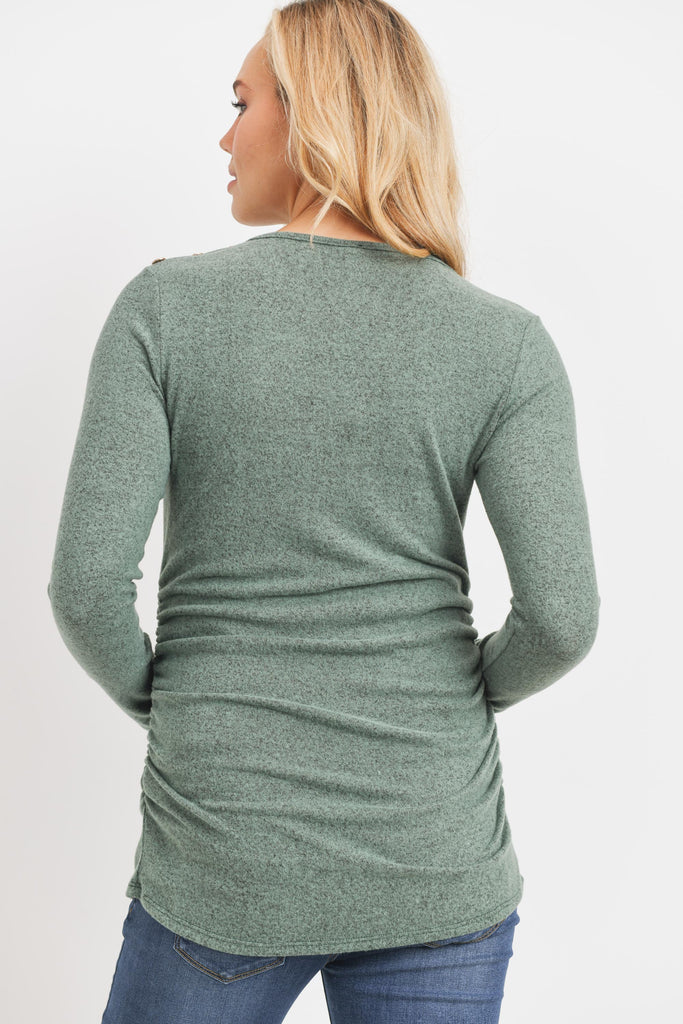 Dusty Green Brushed Rayon Hacci Maternity Shoulder Button Detail Top