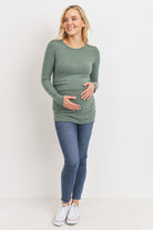 Dusty Green Brushed Rayon Hacci Maternity Shoulder Button Detail Top