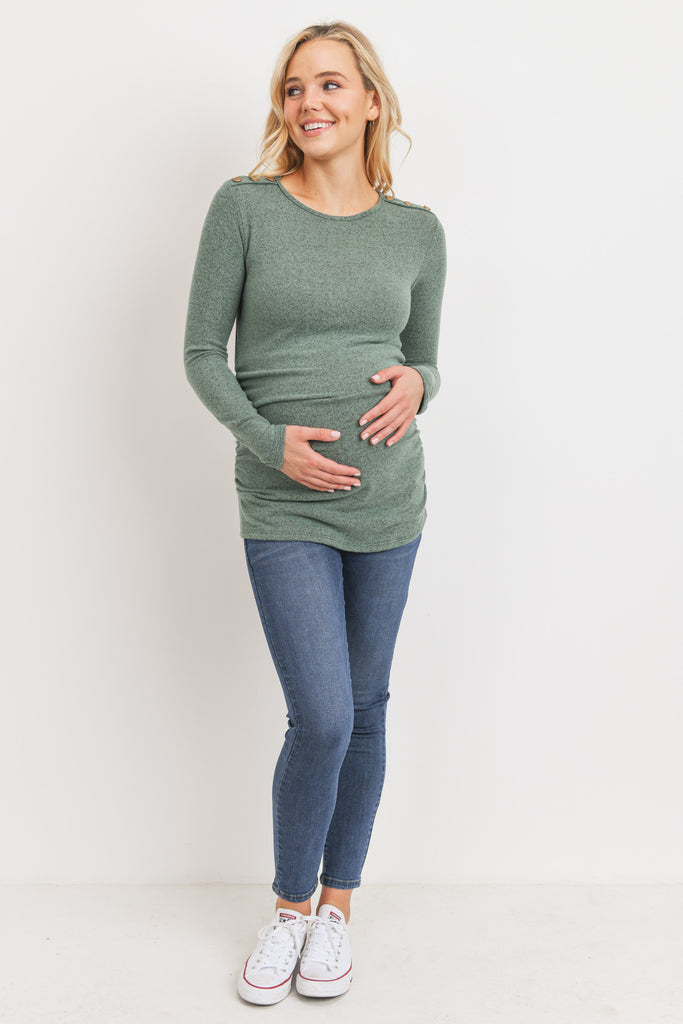 Dusty Green Brushed Rayon Hacci Maternity Shoulder Button Detail Top
