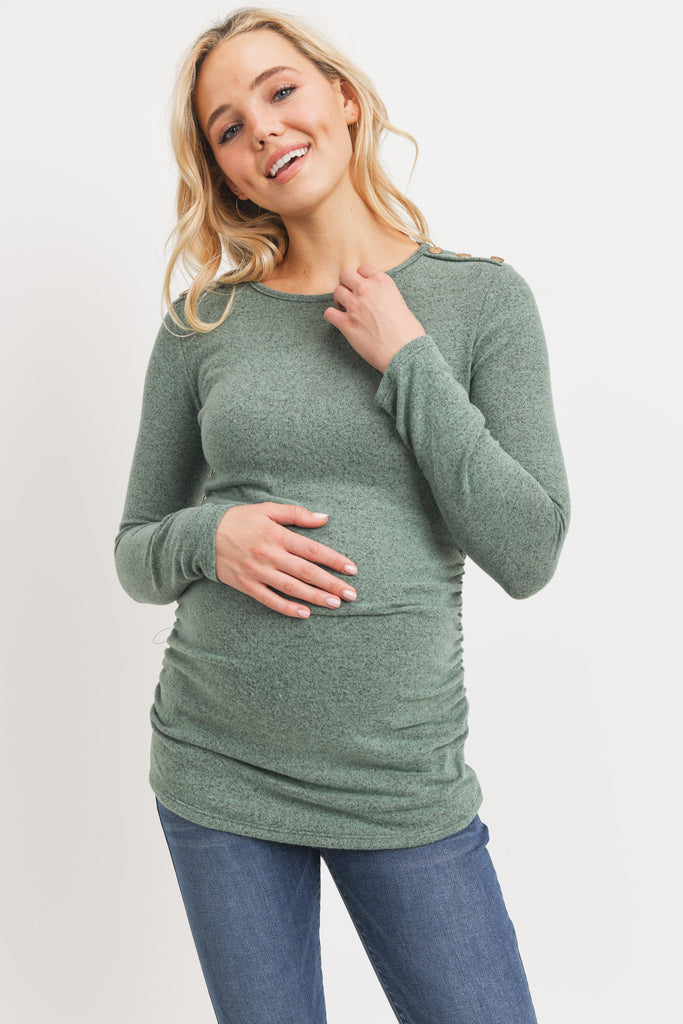 Dusty Green Brushed Rayon Hacci Maternity Shoulder Button Detail Top