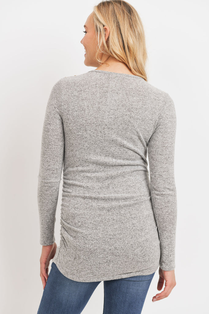 Heather Grey Brushed Rayon Hacci Maternity Shoulder Button Detail Top