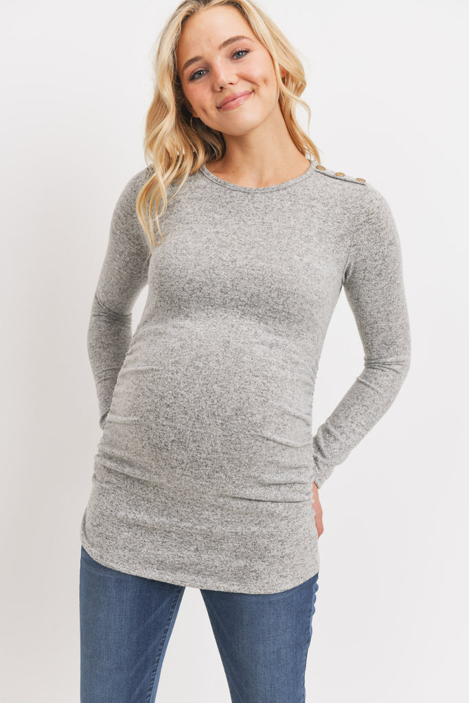 Heather Grey Brushed Rayon Hacci Maternity Shoulder Button Detail Top
