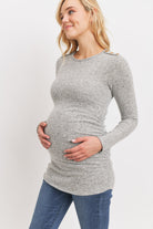 Heather Grey Brushed Rayon Hacci Maternity Shoulder Button Detail Top