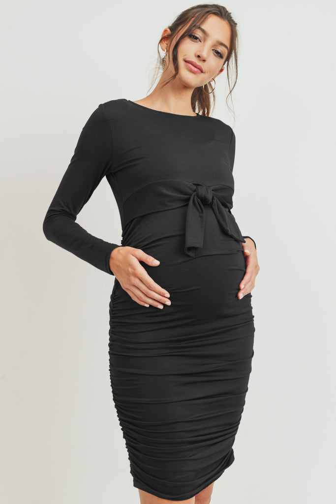 Black Rayon Modal Front Tie Maternity/ Nursing Dress