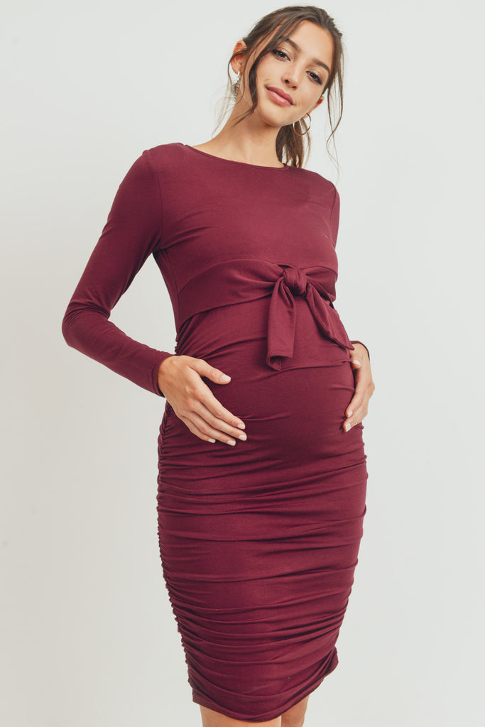 Burgundy Rayon Modal Front Tie Maternity/ Nursing Dress