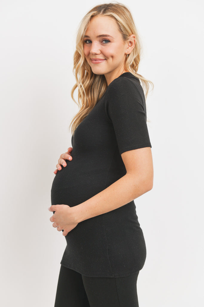 Black Cashmere-Like Hacci Maternity Mock Neck Top