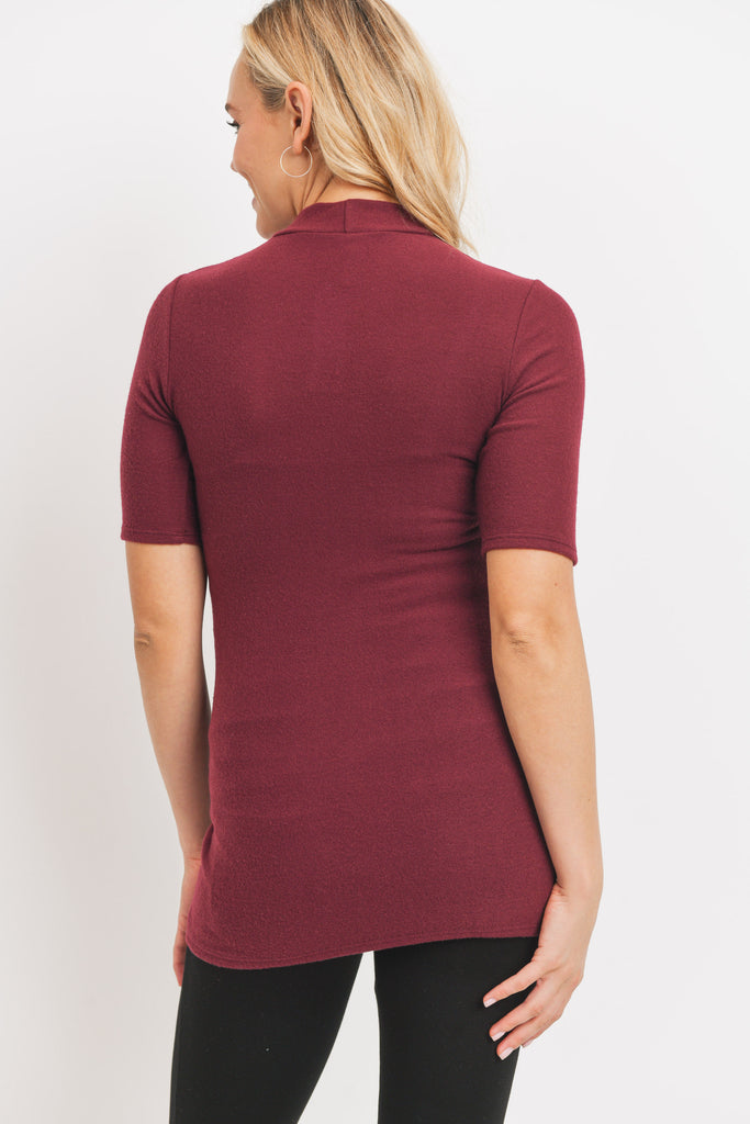 Burgundy Cashmere-Like Hacci Maternity Mock Neck Top