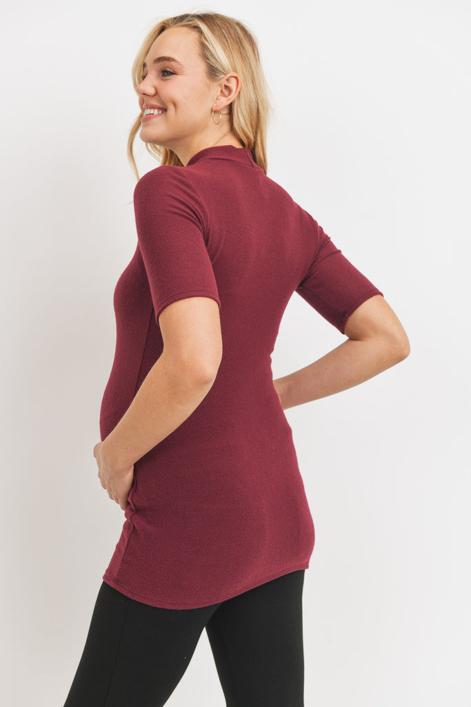 Burgundy Cashmere-Like Hacci Maternity Mock Neck Top