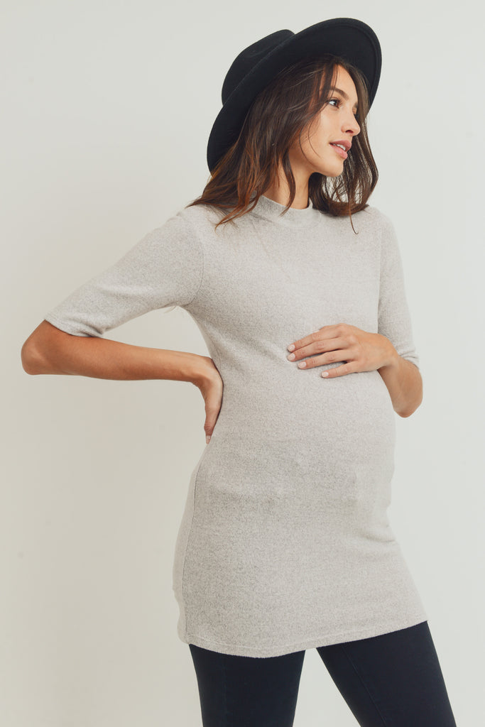 Heather Grey Cashmere-Like Hacci Maternity Mock Neck Top