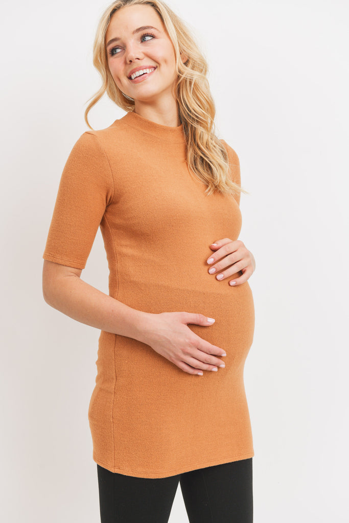 Light Brown Cashmere-Like Hacci Maternity Mock Neck Top