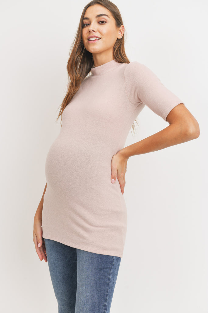 Pink Cashmere-Like Hacci Maternity Mock Neck Top