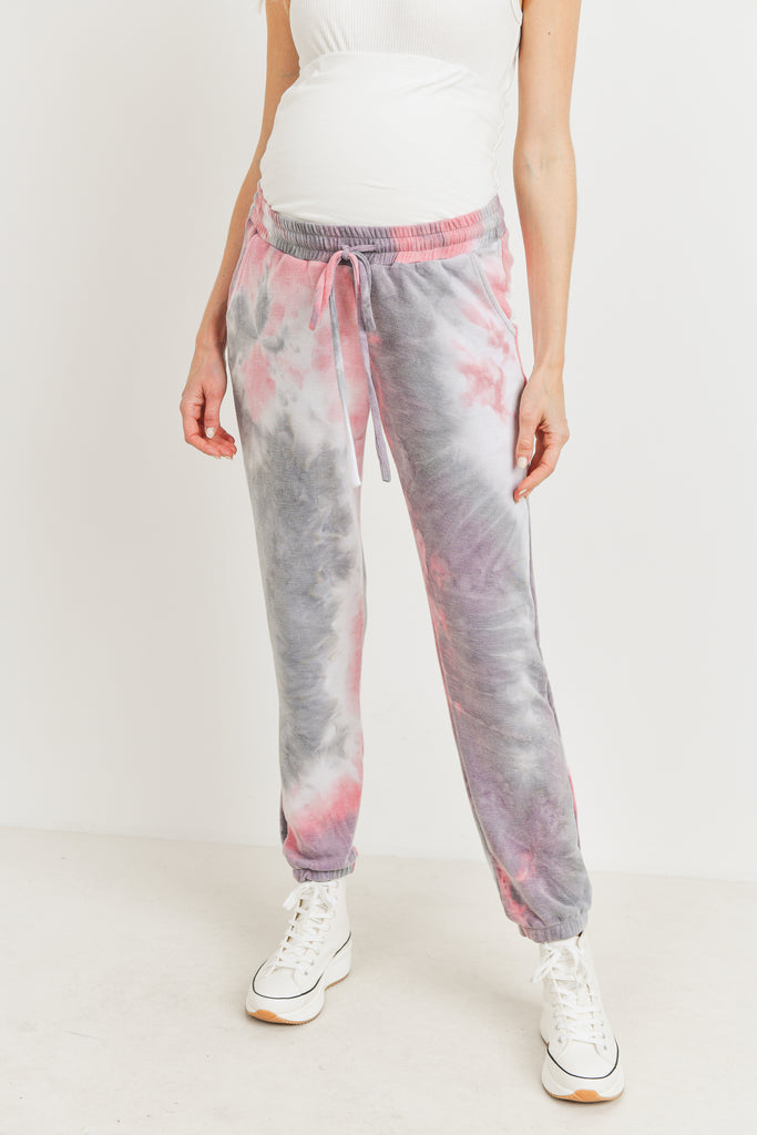 Purple/Pink Tie Dye Brushed Terry Maternity Sweatpants