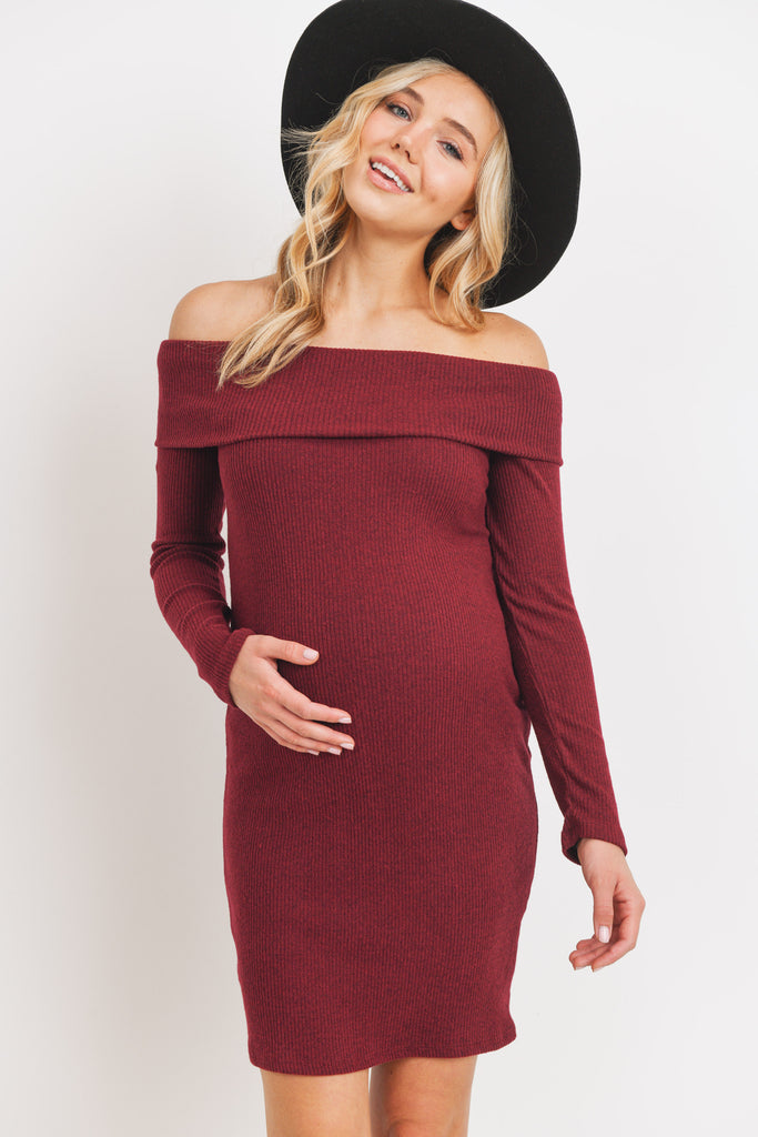 Burgundy Cashmere Like Ribbed Off-Shoulder Maternity Dress