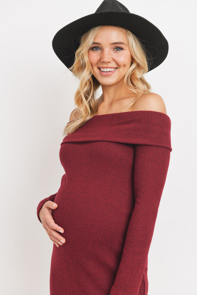 Burgundy Cashmere Like Ribbed Off-Shoulder Maternity Dress