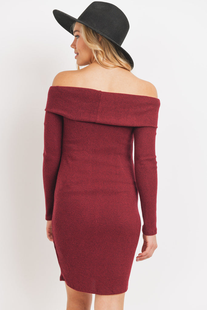 Burgundy Cashmere Like Ribbed Off-Shoulder Maternity Dress