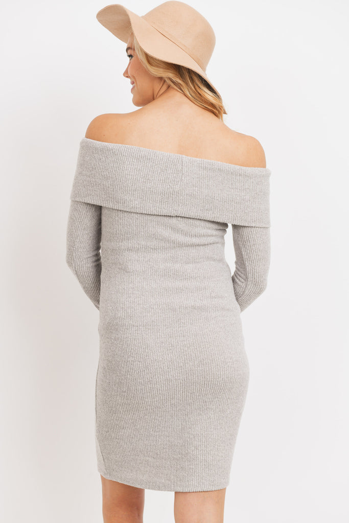 Heather Grey Cashmere Like Ribbed Off-Shoulder Maternity Dress