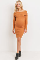 Rust Cashmere Like Ribbed Off-Shoulder Maternity Dress