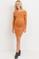 Rust Cashmere Like Ribbed Off-Shoulder Maternity Dress
