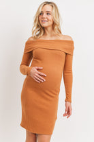 Rust Cashmere Like Ribbed Off-Shoulder Maternity Dress