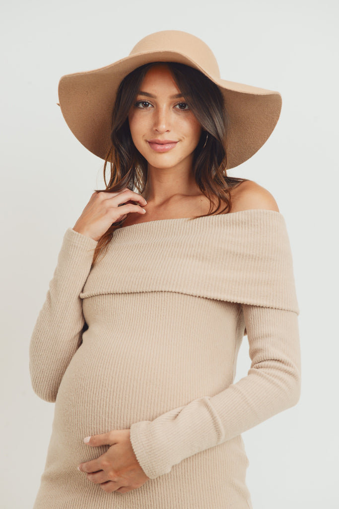 Sand Cashmere Like Ribbed Off-Shoulder Maternity Dress