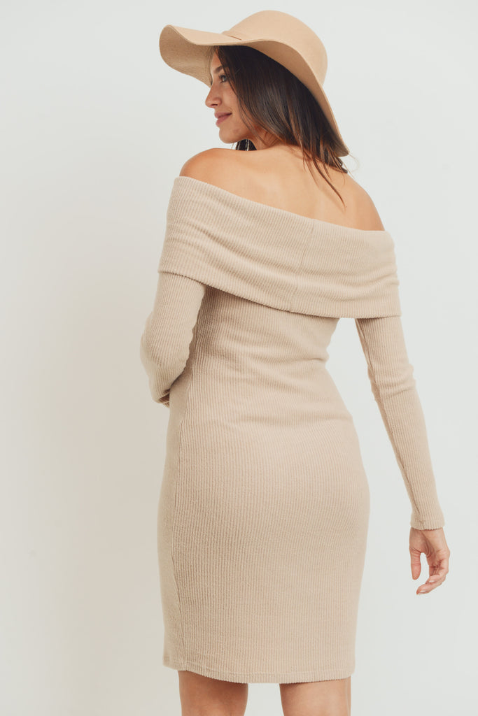 Sand Cashmere Like Ribbed Off-Shoulder Maternity Dress