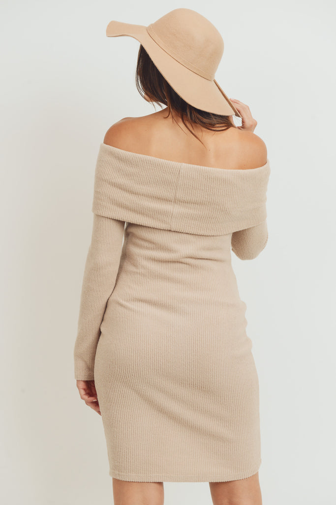 Sand Cashmere Like Ribbed Off-Shoulder Maternity Dress