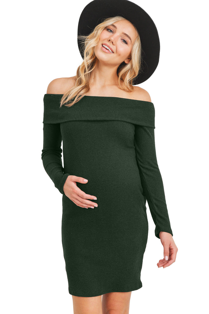 Dark Green Cashmere Like Ribbed Off-Shoulder Maternity Dress